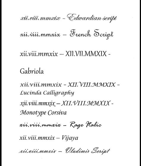 Roman numerals script Roman Numerals In Different Fonts, Roman Numeral Styles, Roman Numeral Calligraphy, Roman Numerals Font Tattoo, Fancy Roman Numerals Fonts, Fonts For Roman Numeral Tattoo, Script Roman Numeral Tattoo, Cursive Roman Numeral Tattoo Font, Roman Numeral Script Tattoo