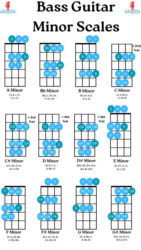 Minor Scales On The Bass Guitar (Infographic & Guide) - BassOx Basic Guitar Chords, Guitar Chords For Beginners, Chords For Beginners, Guitar Scales Charts, Tabs Guitar, Bass Guitar Scales, Bass Guitar Notes, Learn Bass Guitar, Guitar Chords And Scales