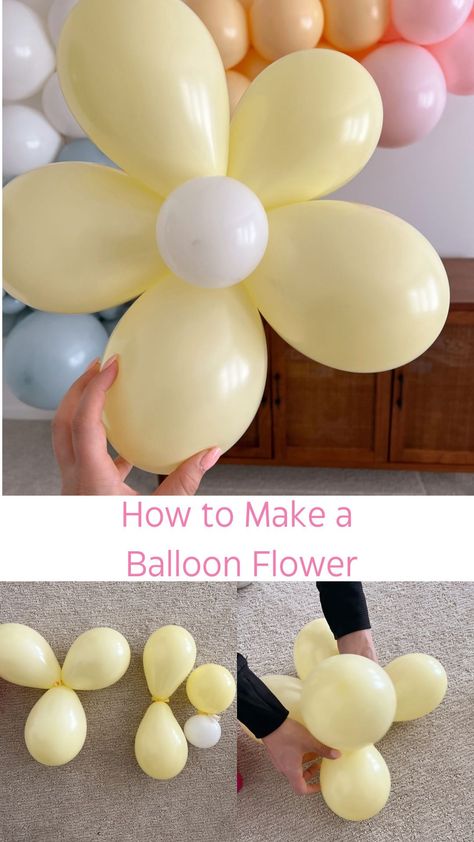 How To Make A Flower Out Of Balloons, Diy Daisy Party Decorations, Balloon Daisy Diy, Diy Daisy Birthday Decor, Daisy Balloons Diy, How To Make A Flower With Balloons, How To Make Daisy Balloons, How To Make Balloon Flower, How To Make A Balloon Flower