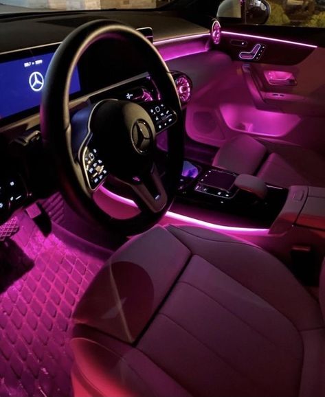 Pink Car Interior, Hot Pink Cars, Mercedes Interior, Shino Aburame, Pink Cars, Cars Aesthetic, Girly Car Accessories, Dream Cars Mercedes, Purple Car