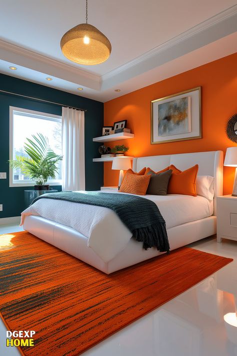 Bright and airy bedroom with an orange wall, white bed, and modern decor. Bedroom Color Combination, Brighter Bedroom, Fall Bedroom Decor, Apartment Living Room Design, Bedroom Orange, Bedroom Deco, Black Bedroom, Modern Bedroom Design, Room Makeover Bedroom