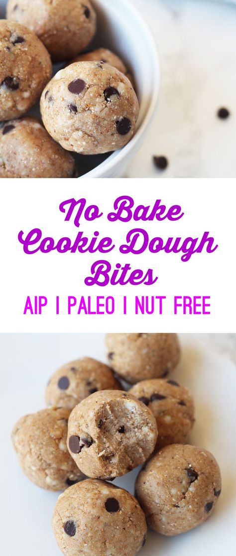 No-Bake Cookie Dough Bites (AIP, Paleo, Nut Free) - Unbound Wellness Autoimmune Protocol Diet Recipes, Aip Diet Recipes, Autoimmune Protocol Recipes, Aip Snack, Unbound Wellness, Weight Watcher Desserts, Autoimmune Paleo Diet, No Bake Cookie, No Bake Cookie Dough