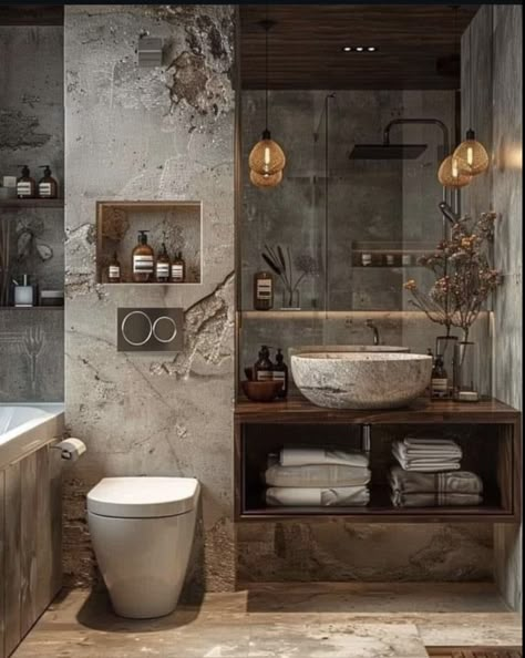 Modern Rustic Powder Room, Soaking Tub Shower Combo, Rustic Bathroom Designs, Rustic Bathrooms, Bathroom Inspiration Decor, Rustic Bathroom, House Bathroom, Dubrovnik, Modern Bathroom Design