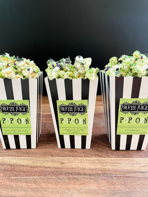 BEETLEJUICE POPCORN Frankenweenie Food Ideas, Beetlejuice Date Night, Beetle Juice Movie Night Food, Beetlejuice Themed Desserts, Beetlejuice Dinner Party Food, Beetlejuice Birthday Party Food, Beetlejuice Movie Night Food, Beetlejuice Food Halloween Party, Beetlejuice Snack Ideas