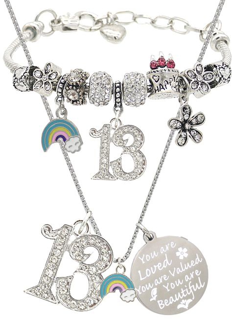 PRICES MAY VARY. BEST GIFTS FOR 13 YEAR OLDS: This is the cutest jewelry birthday gifts for 13 year old girl. Worked perfectly for 13th Birthday Girl, 13 year old Girl outfits or Christmas gift for 13 year old Girls. The 13th birthday gifts set contains one Necklace with number 13 and two little accessories, one Bracelet with number 13 and two little accessories NECKLACE for a 13 year old: the charm Necklace with number 13, lovely rainbow charm, a tag with meaningful quotes “You Are Loved, You A Cutest Jewelry, Birthday Charm Bracelet, 13th Birthday Gifts, Birthday Necklace Gift, Birthday Necklace, Gifts Set, Number 13, Birthday Bracelet, Birthday Gifts For Teens