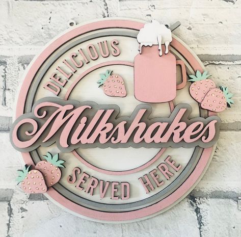 Beautiful retro milkshake signs at http://www.etsy.com/uk/shop/vintagelacecottage  These 20cm retro milkshake signs are a perfect accessory for a playroom, shop, kitchen etc. These are hand painted to your choice of colours, please message me to discuss in detail if you want certain colours or add a note with your order. Please have a look at my range of other retro food items as they can all be made to match your colour scheme. Please see my range of other retro food signs in my retro signs category x Milkshake Logo Design Ideas, Retro Ice Cream Shop, Retro Food Truck, Vintage Ice Cream Shop, Retro Milkshake, Retro Coffee Shop, Milkshake Shop, Cookie Milkshake, Boutique Patisserie