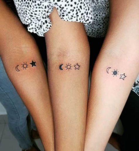 Sun Moon Star Family Tattoo, Heart Moon And Stars Tattoo, Sister Tattoos For 3 Sun Moon Star, Moon Star Sun Tattoo Meaning, Moon And Star Sister Tattoo, Mother Daughter Tattoos Sun Moon Stars, Star Moon And Sun Tattoo Small, Moons And Star Tattoo, The Sun The Moon The Stars Tattoo