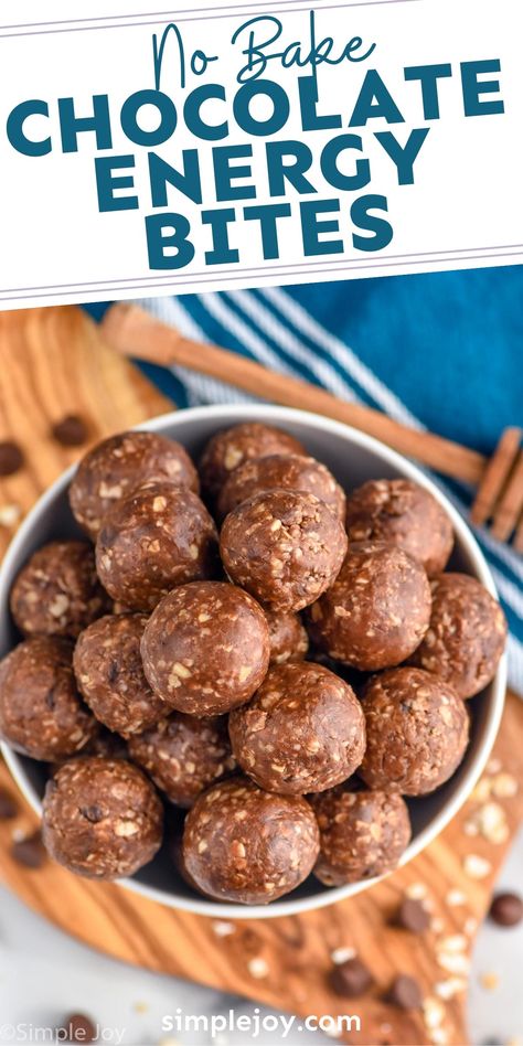 These Chocolate No Bake Energy Bites are a delicious, easy snack! They taste like a treat but are packed with nutrition to give you that boost of energy you need. Energy Balls Without Chocolate Chips, No Bake Protein Brownie Bites, Oat Balls Healthy No Bake Energy Bites, Double Chocolate Energy Balls, Healthy Bites No Bake, No Bake Chocolate Balls Recipes, Butterscotch Energy Balls, Protein Balls Without Chocolate Chips, Power Balls Recipe Energy Bites