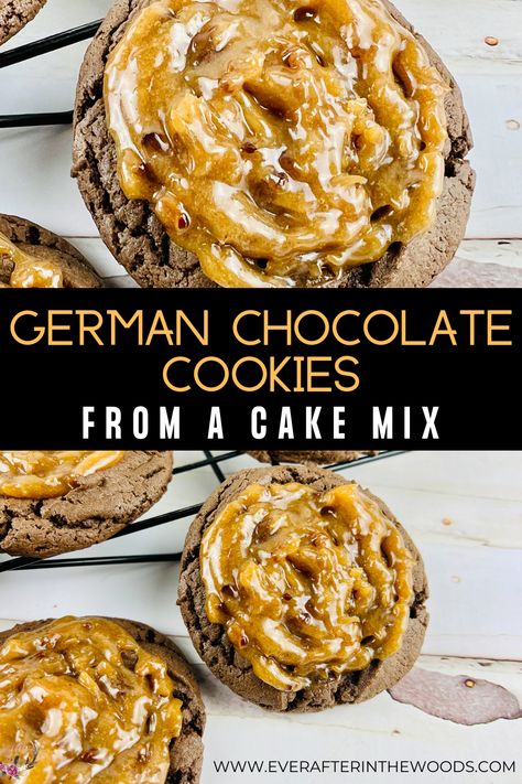 Cake Mix Cookies - German Chocolate Cookie with Pecan Coconut Icing German Chocolate Cookies Crumbl, German Chocolate Cookies From Cake Mix Recipes, Crumbl German Chocolate Cookie Copycat, German Chocolate Desserts Easy, German Chocolate Cake Mix Ideas, German Chocolate Cookies Recipe, Chocolate Cake Cookies Recipe, German Chocolate Cookies From Cake, German Chocolate Cake Mix Recipes