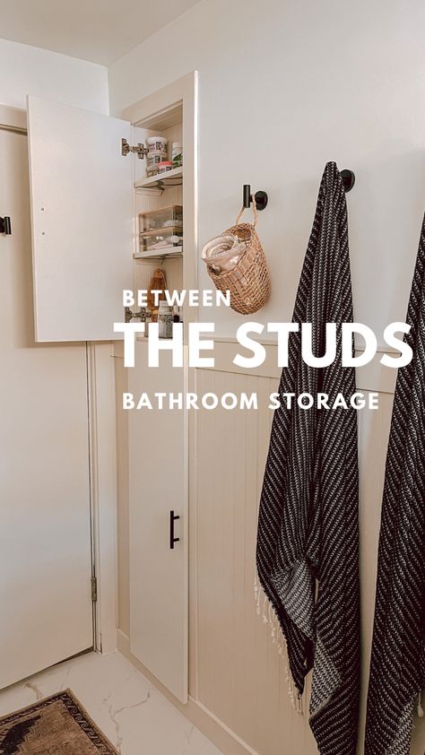 Discover Clever Storage Solutions for Small Bathrooms with Built-In In-Between-the-Studs Storage Cabinet In Wall Between Studs, Bathroom Cabinet Between Studs, Overhead Bathroom Storage, Built In Shelf Between Studs, Storage In Between Studs, Built In Over Toilet, Bathroom Stud Wall Storage, Between Studs Bathroom Storage, Built In Storage Above Toilet