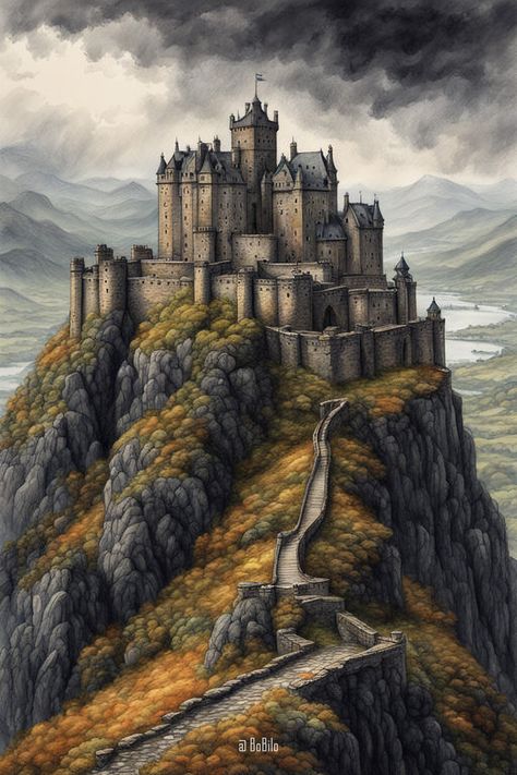 Digital Fantasy: Majestic Mountain Castles in the Clouds Castle In The Mountains Art, Mountain Fortress Fantasy Art, Dragon Castle Fantasy Art, Fantasy Fortress Concept Art, Mountain Kingdom Fantasy Art, Fantasy Mountain Castle, Fortress Aesthetic, Fantasy Castle Concept Art, Fortress Concept Art