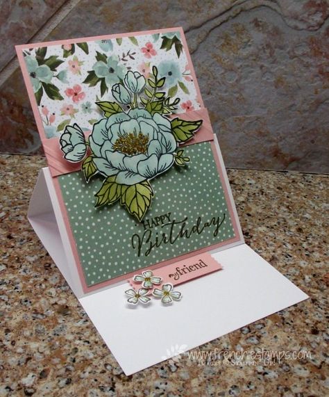 Stamp & Scrap with Frenchie: Easel card with Birthday Blooms Fancy Fold Card Tutorials, Floral Cards Design, Birthday Bouquet, Step Cards, Pink Cards, Easel Cards, Spring Cards, Making Cards, Card Making Tutorials