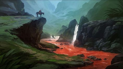 HD wallpaper: person riding horse at edge of cliff illustration, blood, river | Wallpaper Flare Corel Painter, Fantasy Setting, Fantasy Places, Matte Painting, Red River, Animation Background, Environment Design, 판타지 아트, Environment Concept Art