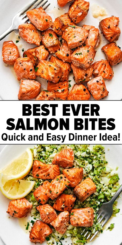 Salmon bites on a white plate topped on vegetables Salmon Recipes For Meal Prep, Easy Meals With Salmon, Low Carb Salmon Dinner Recipes, Salmon Diet Recipes, Salmon Cubed Recipes, Chicken And Salmon Dinner, Salmon Ideas Healthy, Salmon Quick And Easy, Salmon Tips Recipe