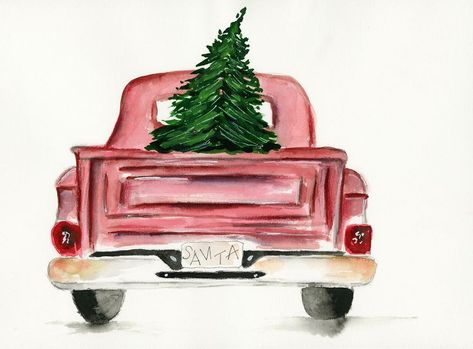 Holiday decor - vintage red truck hauling a Christmas tree watercolor painting Christmas Tree Lot, Truck Painting, Watercolor Holiday, Santa Is Coming, He Is The One, Christmas Tree Lots, Christmas Tree Truck, Vintage Red Truck, Holiday Greenery