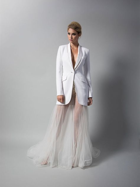 Randi Rahm Fall 2018 wedding dresses suit jacket gown with tulle skirt Lace Pant Suit, Tuxedo Dresses, White Lace Pants, Sheer Wedding Dress, Leandra Medine, White Tuxedo, Lace Pants, Tuxedo Dress, Sheer Skirt