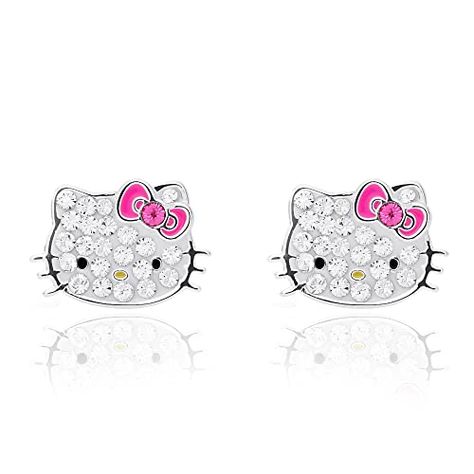 Hello Kitty Earrings, Hello Kitty Videos, Silver Crystal Earrings, Hello Kitty Jewelry, Pink Enamel, Crystal Stud Earrings, Cat Earrings, Girls Jewelry, Beautiful Gift Boxes