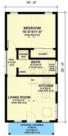 Tiny Bungalow, Annex Ideas, 500 Sq Ft House, Adu Plans, Stackable Laundry, Granny Cottage, Vaulted Living Room, Shed House Plans, Small Cottage House Plans