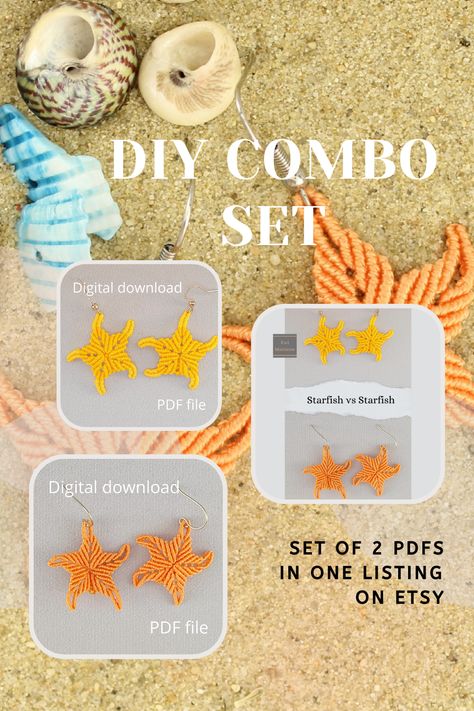 2 PDF files with instructions for 2 versions of the micro macrame starfish, Free YouTube tutorials Diy Starfish, Macrame Summer, Free Youtube, Micro Macrame, Youtube Tutorials, Starfish, Macrame, Pattern, Macramé