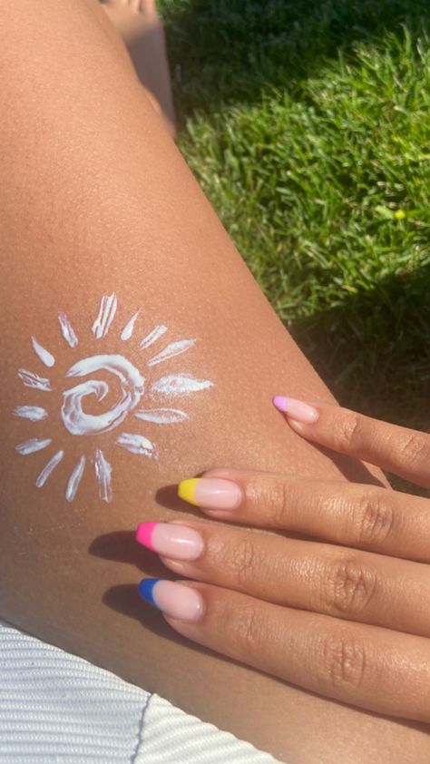 sun tattoo, sunscreen cream, sun kissed, nails, colorful
nails, sun shine Sunscreen Tan Tattoo, Beach Trip Nails Summer, Sun Screen Tattoo, Tattoo Ideas Beach, Beach Tattoos For Women, Suntan Tattoo, Coastal Tattoos, Tattoos Y2k, Y2k Tattoos