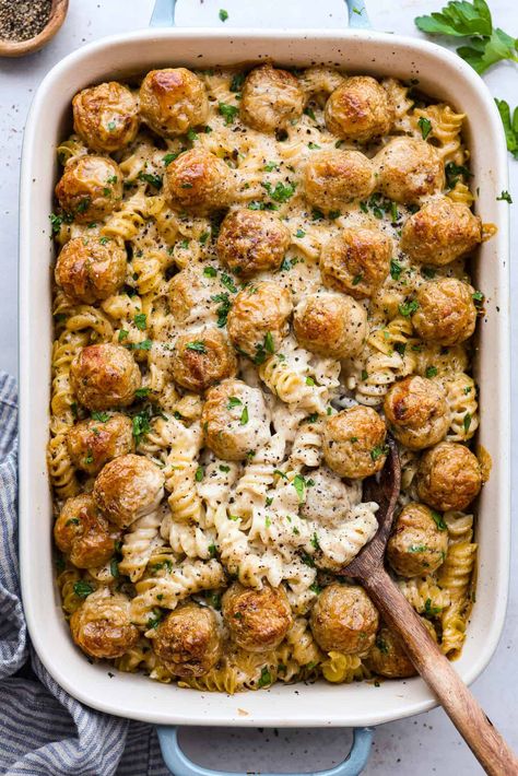 Gnocchi Casserole Ground Beef, Healthy Dinner For Big Family, Canned Meatballs Recipe, Meatball Subs Casserole, Homestyle Meatballs Dinners, Meatballs And Macaroni, Recipes With Frozen Turkey Meatballs, One Pot Comfort Food Recipes, Frozen Meatball Bake