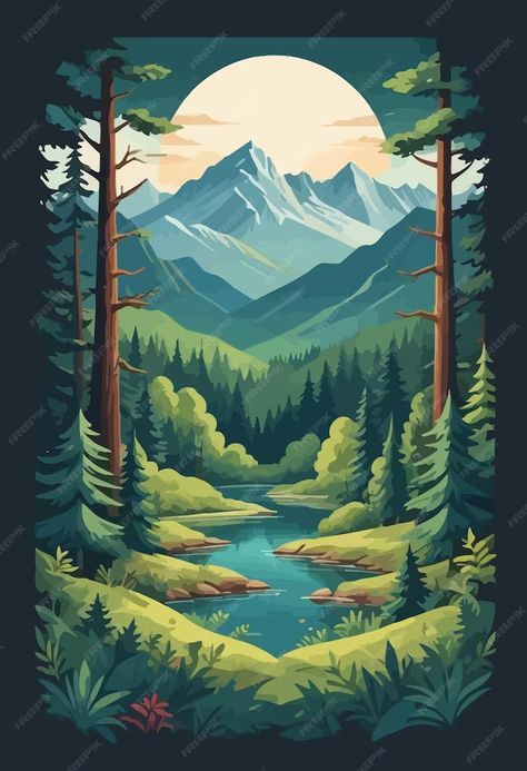 Premium Vector | A poster for a mountain stream Stream Illustration, Tshirt Illustration, Silhouette Painting, Mountain Stream, Stationery Templates, Business Card Maker, Poster Maker, Flyer Maker, Card Banner