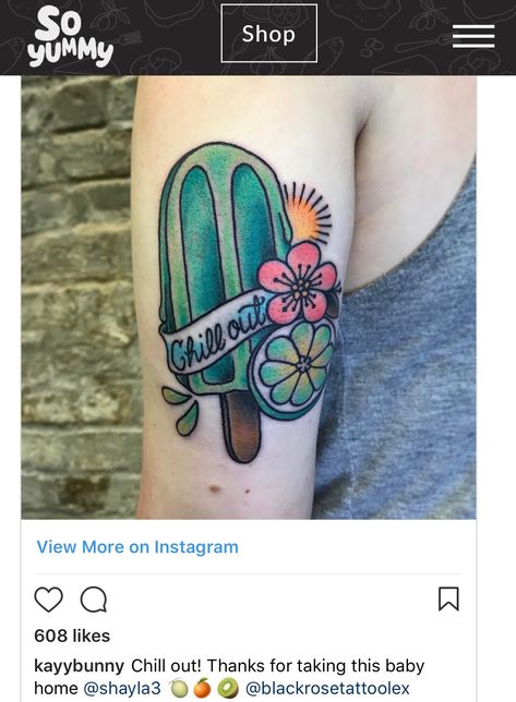 Popsicle Tattoo, Dessert Tattoo, Food Tattoo, Rad Tattoos, Vintage Sweets, Food Tattoos, Flower Tattoo Shoulder, Flower Tattoo Sleeve, Simple Tattoo