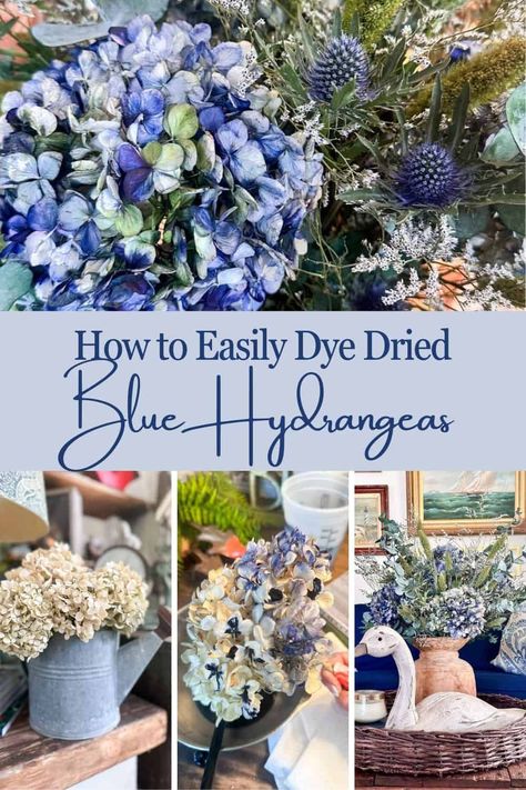 Picture of white hydrangeas that are being dyed blue to create a beautiful flower arrangement. Thrift Store Decor, Dried Hydrangeas, White Hydrangeas, Easy Diy Decor, Blue Hydrangeas, Blue Tips, Diy Kitchen Decor, A Beautiful Flower, Diy Bathroom Decor