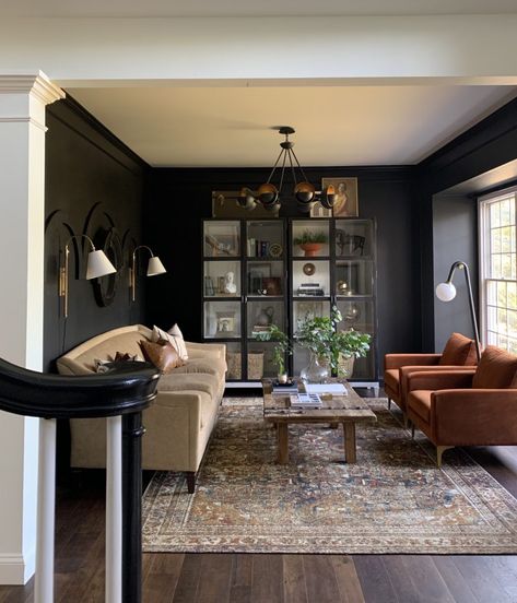 Black In Living Room, Dark Accent Living Room, Dark Country Living Room, Moody But Light Living Room, Dark Parlor Room Ideas, Living Room Design Dark Floors, Moody Paint Living Room, Dark Walls Dark Floors, Black Paint Living Room Walls