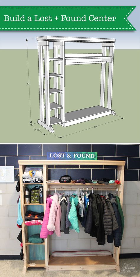 Plans to Build a School Lost & Found Center | Pretty Handy Girl School Lost And Found Ideas, Lost And Found Ideas For School, Movable Closet, School Office Decor, Eagle Project, Scrap Wood Projects, Reclaimed Wood Wall, Room Closet, Lost And Found