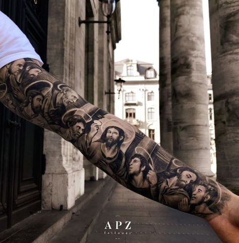 Last Supper by APZ Tattoo, a travelling artist based at Iron & Ink Tattoo Studios in Copenhagen, Denmark. The Last Supper Tattoo, Jesus Tattoo Sleeve, Religous Tattoo, Clouds Lightning, Religion Tattoos, Bicep Tattoo Men, Inner Bicep Tattoo, Shin Tattoo, Christian Sleeve Tattoo