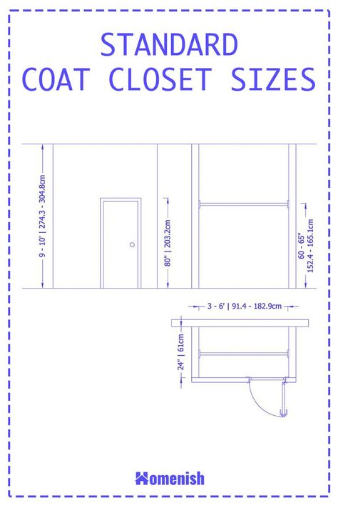 If you are planning the layout for your home or would like to install a new coat closet, then you’ll need to know the typical dimensions that coat closets take. While there is no ‘one-size fits all’ measurement for a coat closet, there is a range of coat closet sizes that fall into the ‘standard’ bracket. Coat Closet Dimensions, Coat Closets, Wide Coat, Closet Dimensions, Coat Closet, Closet Size, Parka Coat, Furniture Ideas, Doors Interior