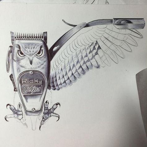 Check out this really cool art by @rickyclipz Now that's using your imagination. #art #barber #barbershop #clippers #safetyrazor #shavette #owl Barber Clippers Tattoo, Barber Art Design, Clipper Tattoo Barber, Barber Shop Ideas, Barber Shop Art, Barbershop Art, Hairdresser Tattoos, Barber Shop Logo, Barber Art