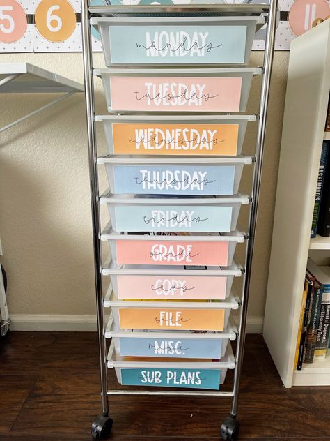 Organize Like a Pro: 3 Tools to Tame the Teacher Paper Trail - Shayna Vohs Teacher Drawer Cart, Teacher Desk Organization, Drawer Cart, Calm Colors, Printable Classroom Decor, Elementary Classroom Decor, Back To School Crafts, Classroom Decor Themes, Classroom Labels