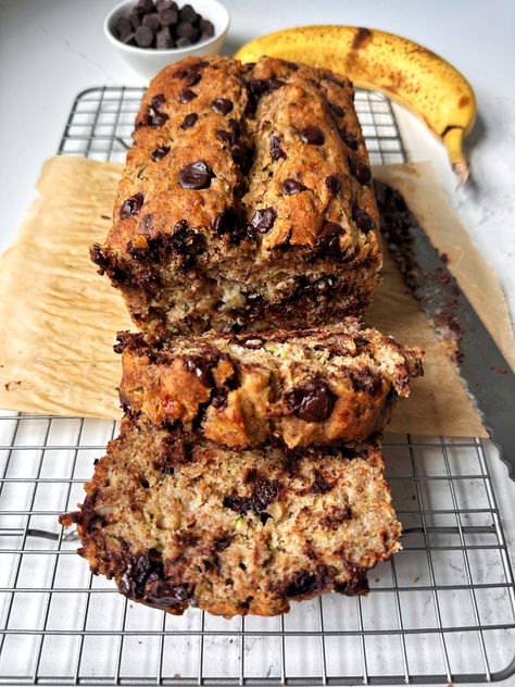 Gluten-free Chocolate Chip Zucchini Banana Bread Protein Banana Bread Recipe, Protein Breads, Choc Chip Banana Bread, Banana Bread Vegan, Protein Banana Bread, Zucchini Banana, Zucchini Banana Bread, Dairy Free Chocolate Chips, Wholesome Snacks