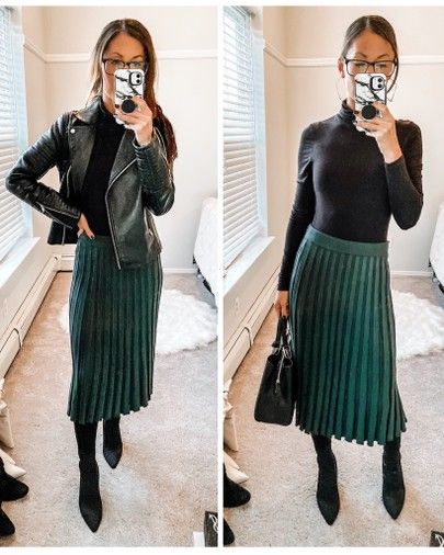 Green Velvet Skirt Outfits, Pleated Skirt Outfit Fall, Green Pleated Skirt Outfit, Pencil Skirt Outfits Winter, Skirt Boots Outfit, Velvet Skirt Outfit, Pleated Skirt Winter, Pleated Midi Skirt Outfit, Midi Skirt Outfit Winter