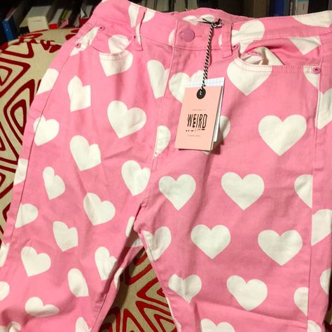 Adorable Lazy Oaf All My Hearts Jeans! Super Cute In Bubbly Pink Color With Hearts Accents. Size 28. Brand New With Tags. Sold Out In Stores. Perfect For Valentines Day! Pants With Hearts, Lovecore Fashion, Bow Jeans, Burgundy Jeans, Lazy Oaf, Bleached Denim, Red Jeans, Purple Jacket, White Hearts