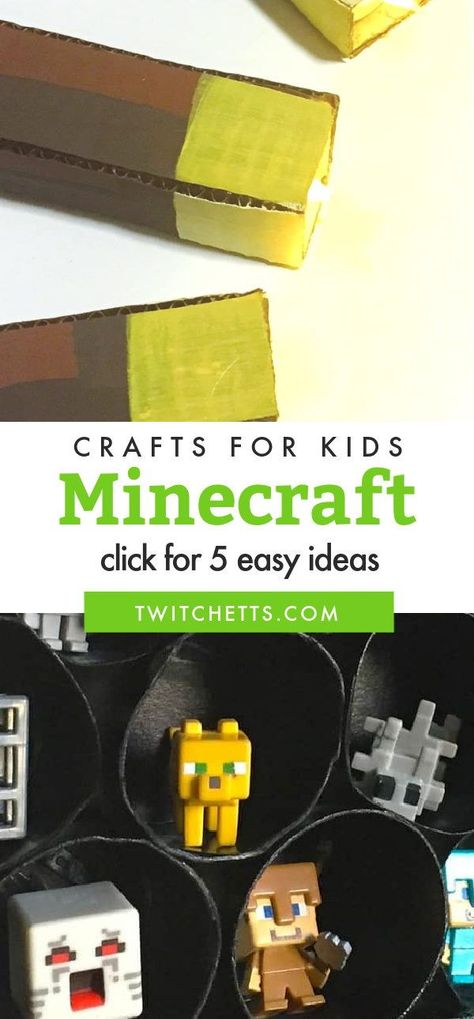 Minecraft crafts are perfect for any gamer who LOVES Minecraft. Grab some cardboard and let’s start making swords, torches, and pickaxes! These ideas are perfect for a birthday party, decorating that perfect Minecraft-themed bedroom, or just a fun activity! #minecraft #craftsforkids #twitchetts Minecraft Diy Party Decorations, Minecraft Crafts For Kids, Cricut Minecraft, Crafting Table Minecraft, Minecraft Party Activities, Minecraft Classroom, Diy Minecraft Decorations, Minecraft Activities, Minecraft Diy Crafts