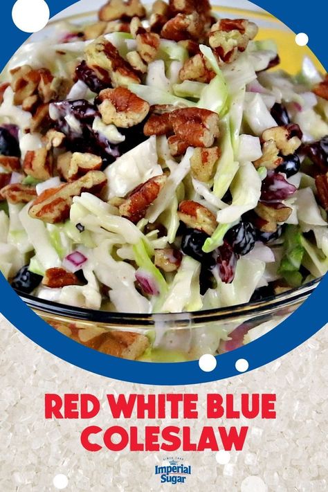 This festive red, white and blue coleslaw is a crunchy combination of tangy and sweet. Chock full of cranberries, blueberries, cabbage, red onions and pecans. Serve it at your next cookout or Fourth of July gathering. For more appetizer and snack recipes and ideas visit ImperialSugar.com and pin your favorites! Made this recipe? Show us! #imperialsugar #redwhiteandbluedesserts #memorialday #fouthofjuly Americana Party, Red White Blue Food, Blue Recipes, Homemade Chips, Blue Desserts, Fourth Of July Food, Red Onions, Food Shows, Holiday Food