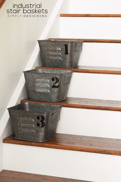 Stair Basket Ideas, Stair Baskets, Upstairs Ideas, Stair Basket, Industrial Stairs, Diy Spice Rack, Over The Door Organizer, Diy Spices, Garden Stairs