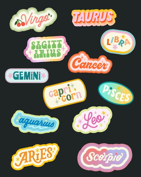 Steffi Lynn, 70s Love, Zodiac Stickers, Leo Virgo Cusp, Virgo And Taurus, Aries And Scorpio, Pisces And Aquarius, Sticker Design Inspiration, Pola Kartu