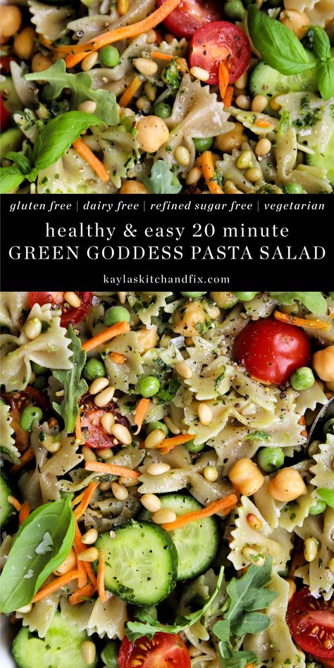 A plant focused and gluten free Green Goddess Pasta Salad that everyone at your table will love. It's versatile, healthy, delicious and vegan friendly! Pasta And Greens Salad, Green Pasta Salad Recipes, Gf Df Salad Recipes, Whole 30 Pasta Salad, Gluten And Dairy Free Pasta Salad, Gf Df Pasta Salad, Gluten And Dairy Free Salads, Pasta Salad Recipes Dairy Free, Dairy Free Pasta Salad