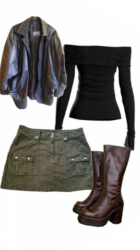 brown boots, black shirt, brown jacket, green skirt Green Shirt And Black Skirt, Green Jean Skirt Outfit, Green Skirt Outfit Ideas, Brown Outfit Aesthetic, Green Skirt Outfits, 21 Bday, Brown Tights, Bday Shoot, Jean Skirt Outfits