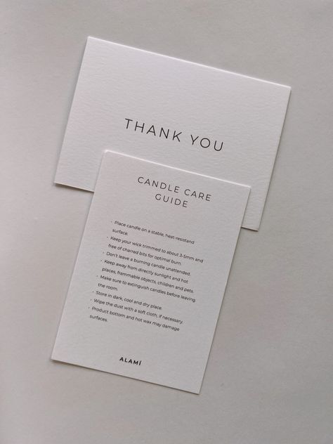 Thank you card & Candle care guide Care Guide Card Design, Thank You Card For Candle Business, Thank You Card Candle, Candle Packaging Aesthetic, Branding Thank You Card, Candle Care Cards, Candle Thank You Card, Candle Marketing Ideas, Candle Business Cards