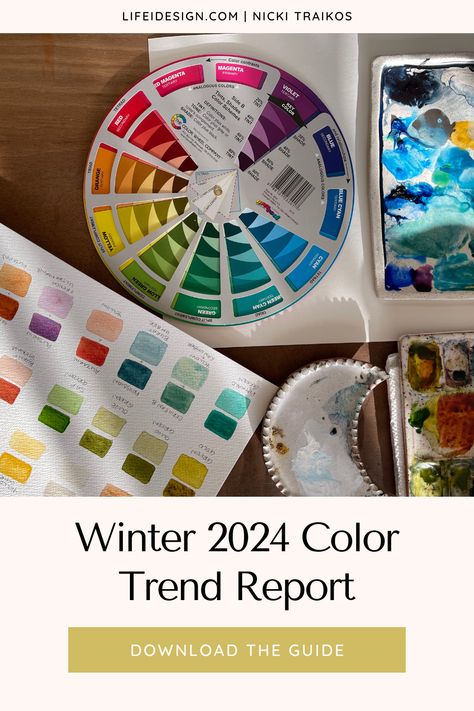 Winter Color Trends 2024: A Must-Have Free Color Guide for Artists — Nicki Traikos | life i design | Color Trends 2024, Trendy Shades, Holiday Crafts Diy, Watercolor Books, 2024 Color, Business Colors, Color Guide, Art Folder, Latest Colour