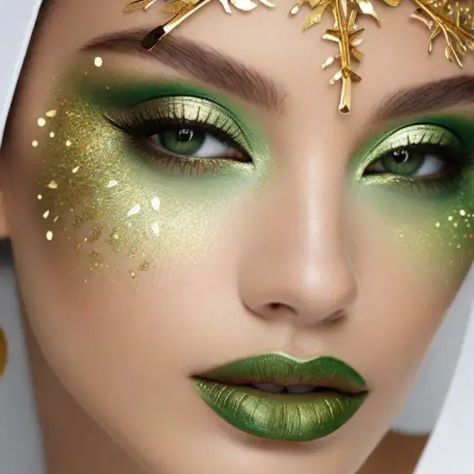 Elegant Green Eye Makeup, Simple Elven Makeup, Male Fairy Makeup Ideas, Diy Fairy Makeup Halloween, Dark Fae Makeup Looks, Pretty Witch Face Paint, Emerald And Gold Eye Makeup, Fall Goddess Makeup, Green And Purple Witch Makeup