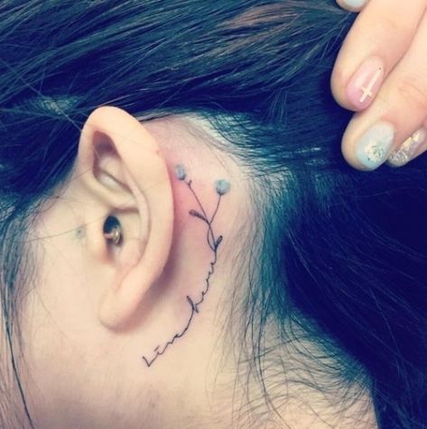 Simple Ear Tattoos For Women, Water Lily Tattoo Behind Ear, Behind The Ear Butterfly Tattoo Ideas, Fine Line Behind Ear Tattoo, Behind The Ear Neck Tattoo Ideas, Ear Tattoo Ideas Female, Cute Behind The Ear Tattoos For Women, Mini Tattoos Behind Ear, Small Ear Tattoos For Women