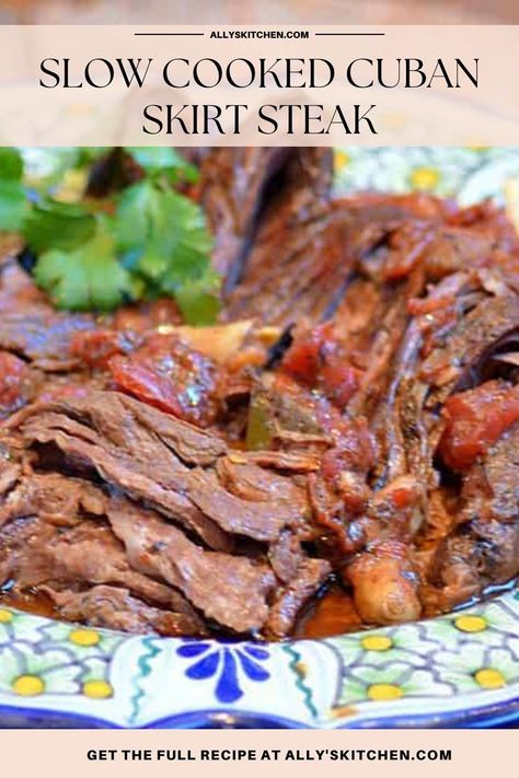 Closeup shot of slow cooked Cuban skirt steak on plate. Skirt Steak In Crockpot, Slow Cooker Skirt Steak, Slow Cooker Flank Steak, Crockpot Steak Recipes, Skirt Steak Recipes, Crockpot Steak, Light Dinner Recipes, Best Beef Recipes, Easy Steak