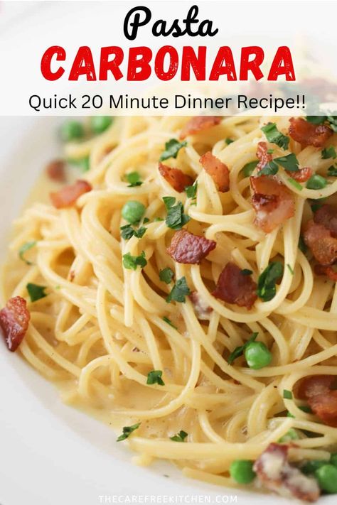 This classic Spaghetti Carbonara is a simple pasta dish that takes just about 20 minutes to make and always hits the spot. It combines perfectly cooked noodles, crispy bacon, and a rich and creamy sauce made with eggs, Parmesan cheese, and freshly ground black pepper. #thecarefreekitchen #spaghetti #pasta #carbonara #italian #quickandeasy #dinner Spaghetti Carbonara Recipe, Pasta Carbonara Recipe, Simple Pasta, Easy Spaghetti, Homemade Lasagna, Carbonara Recipe, Baked Pasta Recipes, Easy Pasta Dishes, Pasta Carbonara