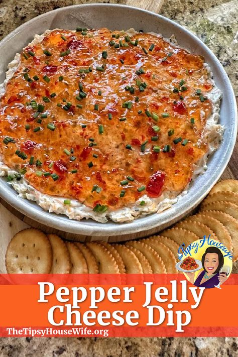 The photo shows a cheese dip with pepper jelly on top in a bowl with crackers surrounding for dipping. The brightly colored banner displays the name of the recipe, "Pepper Jelly Cheese Dip." Pepper Jelly Cheese Dip, Pepper Jelly Recipes, Dips Recipes, Delicious Dips Recipes, Appetizers Easy Finger Food, Best Appetizer Recipes, Dip Recipes Easy, Pepper Jelly, Jelly Recipes